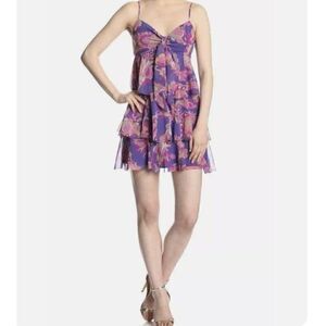 Juicy Couture Womens Retro Floral Purple Tiered Ruffled Mini Dress Size 2